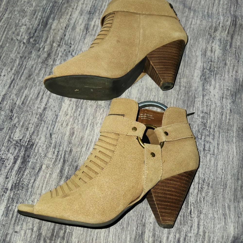 Wedge Heel Booties Open Toe Faux Suede Ankle Boots Tan Wide Width 9W Gold Accent - Picture 6 of 14